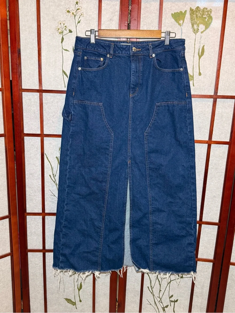 Loft Denim Utility Maxi Skirt Western Carpenter Boho Front Slit Women’s size 6